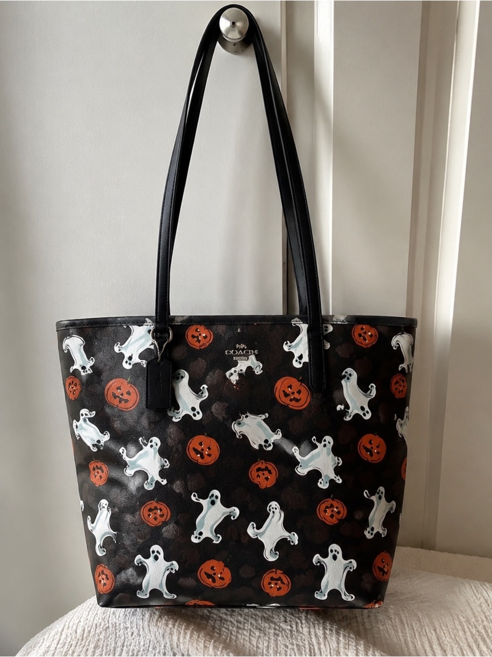 Coach Brown Tote with White Ghosts & Orange Pumpkins